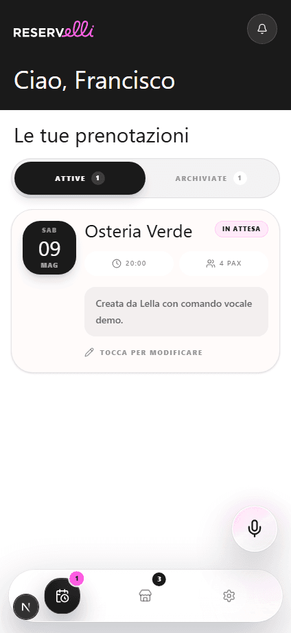 Mockup mobile area cliente RESERVelli con prenotazioni e notifiche
