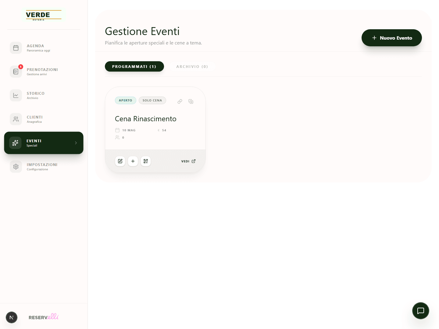 Gestione eventi RESERVelli con pagine dedicate, link e QR